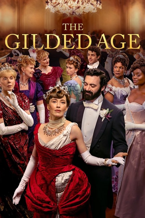 This poster captures the essence of the Gilded Age with its glamorous, opulent atmosphere. The central figure in a striking red gown stands out, surrounded by elegantly dressed individuals in period-appropriate attire. The warm, golden lighting enhances the luxurious and dramatic mood, while the ...
