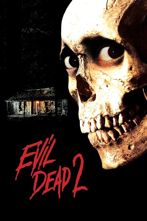 The poster features a menacing skull with hollow eyes, set against a dark background. The title "Evil Dead 2" is written in bold red letters. The overall mood is eerie and suspenseful, evoking a sense of horror and dread.