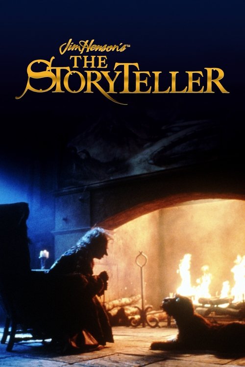 The Storyteller poster features a dramatic scene with a lone figure in a dark cloak, illuminated by the warm glow of a roaring fire. The dark, moody atmosphere evokes mystery and storytelling, while the golden title text adds a sense of epic grandeur.