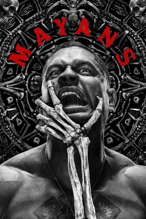 The poster features a muscular man with a skeletal hand raised in a menacing pose, surrounded by intricate Mayan-inspired patterns. The monochromatic design emphasizes the stark contrast between the dark tones and the vibrant red text. The mood is intense and ominous, capturing the essence of a p...