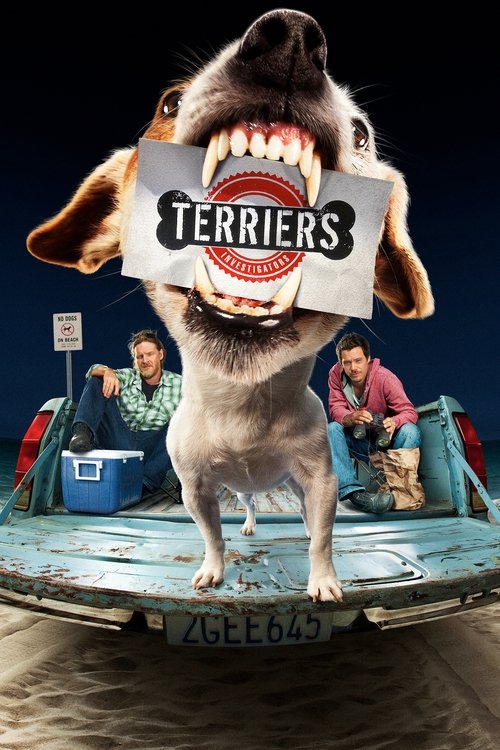 A goofy terrier stands atop a blue boat, mouth wide open with teeth showing. Behind him, two people sit in the boat, one holding a sign that says "Terriers." The scene is vibrant with warm tones against a dark background, evoking a humorous and adventurous mood.