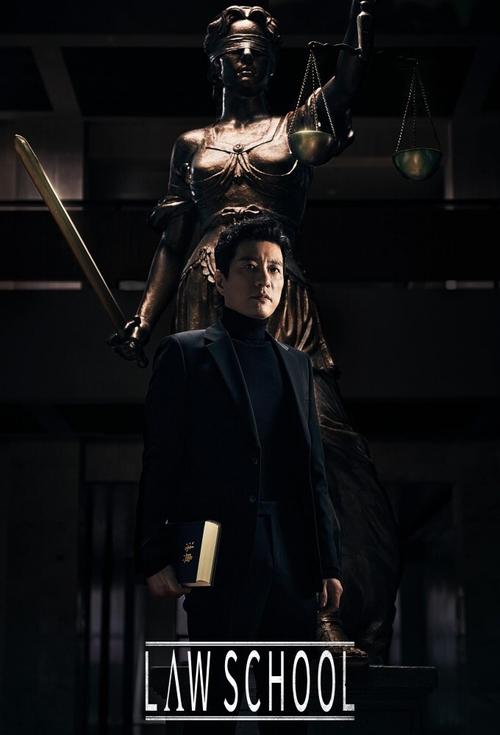 The poster features a dramatic scene with a woman in a black suit holding a law book, standing before a powerful figure of Lady Justice. The dark, moody atmosphere and the stark contrast between the woman's dark attire and the bright, golden scales create a sense of authority and mystery. The tit...