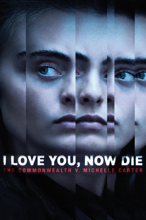 The poster features a woman with piercing blue eyes, her face split into vertical strips to create a fragmented, unsettling effect. The cool blue tones and dark background evoke a sense of mystery and danger. The title "I Love You, Now Die" is prominently displayed in bold white letters, while th...