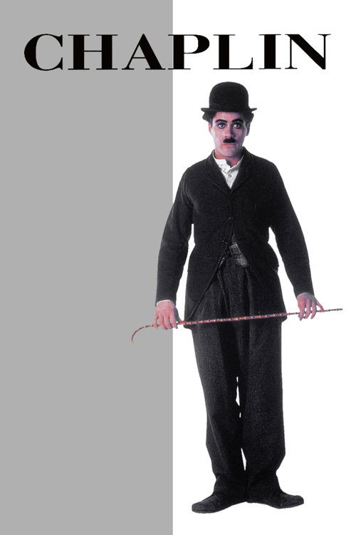 A striking black-and-white image of Chaplin in his iconic top hat and bow tie, holding a cane against a split background of gray and white. The bold text "CHAPLIN" at the top emphasizes his legendary status.