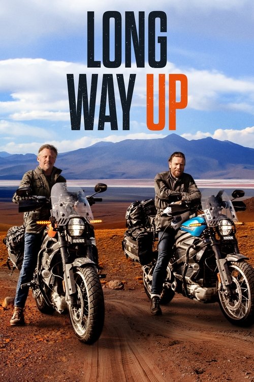 The poster features two men in rugged motorcycle gear against a backdrop of vast, arid landscapes and distant mountains. The warm earth tones of the dirt ground contrast with the cool blues of the sky and the vibrant orange text. The mood is adventurous and determined, capturing the essence of a ...