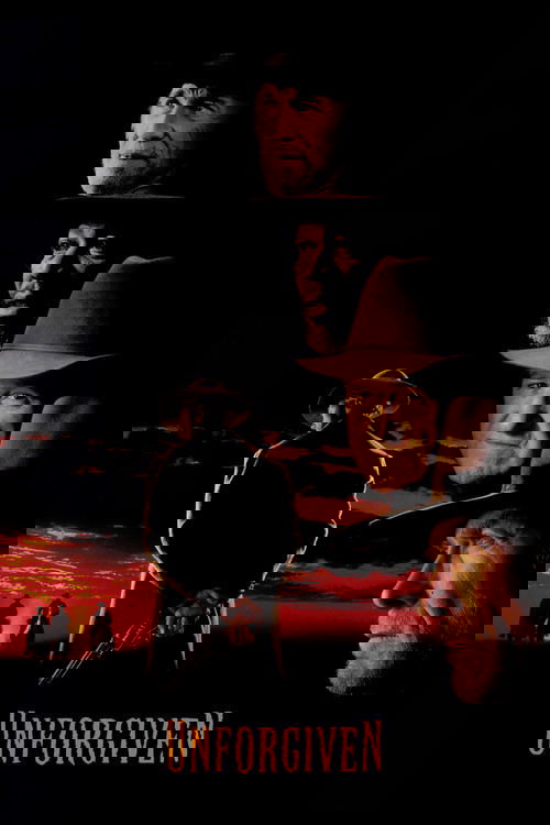 This dark, moody poster features four men in silhouette against a fiery sunset, evoking a gritty Western atmosphere. The title "Unforgiven" glows in gold at the bottom, suggesting themes of justice and redemption.