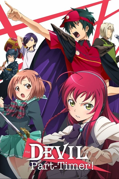 This anime poster features a dynamic scene with multiple characters in vibrant colors—reds, purples, greens, and blues—against a dramatic red background. The mood is energetic and adventurous, suggesting a thrilling narrative filled with action and magic.