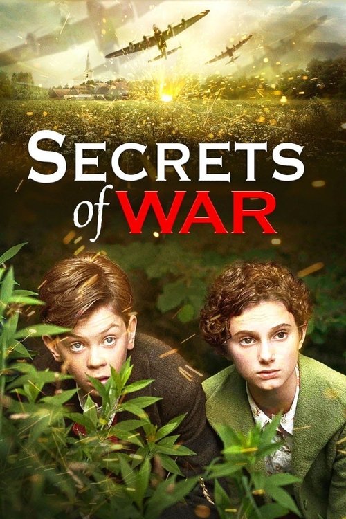 The poster features two young boys peeking through green foliage, evoking a sense of mystery and intrigue. The warm, golden hues of the sky contrast with the vibrant greens of the leaves, creating a visually striking composition. The title "Secrets of War" stands out prominently in bold, contrast...