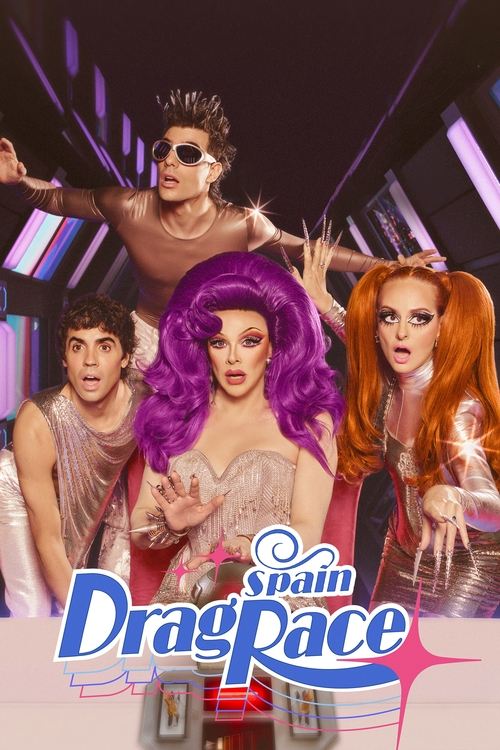 The poster features four glamorous figures in vibrant, contrasting outfits against a neon-lit background, exuding confidence and energy. The central figure with purple hair commands attention, while others add dynamic flair. The bold, colorful typography and dramatic lighting create a glamorous, ...