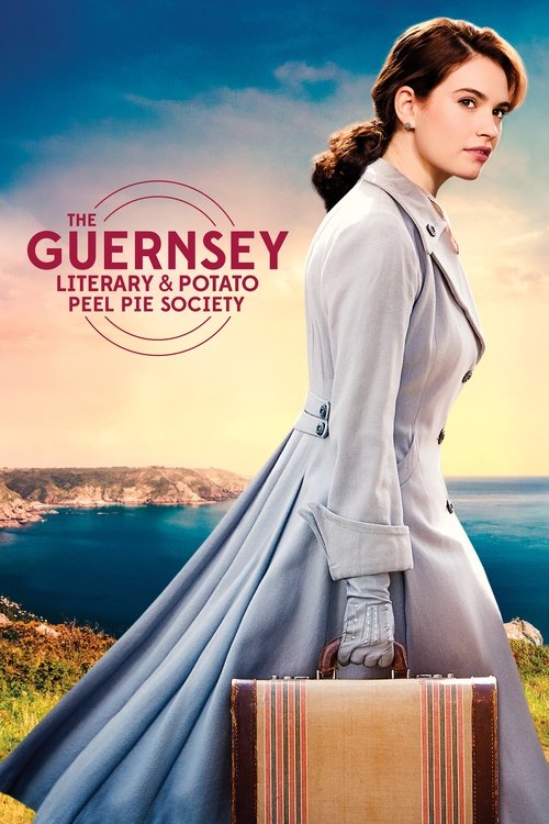 The poster features a woman in a light blue dress standing beside a vintage suitcase against a scenic coastal backdrop. The warm sunset hues and serene landscape evoke a nostalgic, literary mood. The title and tagline hint at a community-driven story.