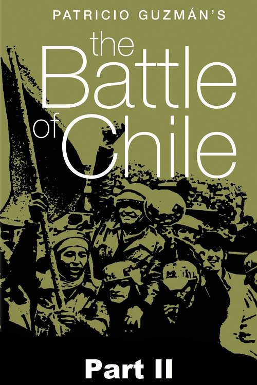 The poster features a gritty, sepia-toned illustration of soldiers in combat, evoking a somber and tense atmosphere. The title, "The Battle of Chile," is prominently displayed in bold white letters against a muted olive-green background. The bottom section reveals the subtitle "Part II," suggesti...