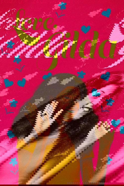 This vibrant poster features a cheerful woman with dark hair and a bright yellow shirt against a pink background adorned with hearts and stars. The playful design exudes a joyful, romantic mood, capturing the essence of the film's upbeat narrative.