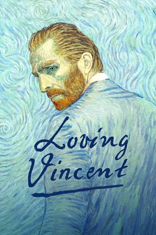 This movie poster features Vincent van Gogh's portrait, capturing his contemplative gaze against swirling blue and green hues. The title "Loving Vincent" is elegantly written in cursive, emphasizing his artistic legacy. The mood evokes a sense of introspection and reverence for his work.