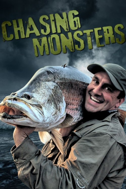 A man in a cap and fishing gear holds a large fish, exuding excitement against a dramatic stormy backdrop. The poster uses bold green text and vibrant colors to convey a thrilling fishing adventure.