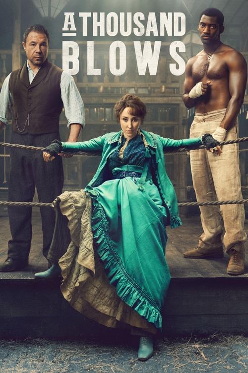 The poster features a dramatic scene with three characters: a man in a vest, a woman in a flowing teal dress, and a shirtless man in beige trousers. The woman's vibrant green dress contrasts sharply with the muted earth tones of the background and clothing, creating a visually striking compositio...