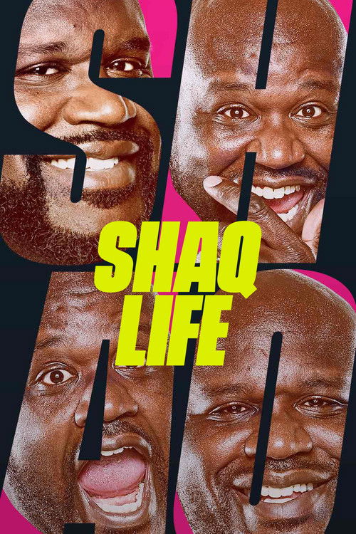 The poster features four smiling men with bold black cutouts, creating a dynamic and energetic visual. The title "SHAQ LIFE" is prominently displayed in bright yellow against a pink background, conveying a sense of fun and excitement. The overall mood is lively and celebratory, reflecting the ene...