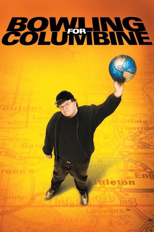 The poster features a man in a black hoodie and cap holding a blue bowling ball against a warm yellow background. The title "Bowling for Columbine" is prominently displayed in bold black letters. The mood is humorous and slightly chaotic, capturing the essence of the film's comedy.