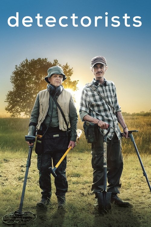 The poster features two detectives in a grassy field, holding telescopes, with a warm sunset backdrop. The muted earthy tones and soft lighting evoke a sense of mystery and adventure.