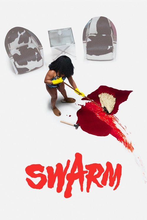 The poster features a small child with dark hair, crouching while holding a yellow object. Surrounding them are three tombstones, one cracked open to reveal a red substance that spills onto the ground. The title "SWARM" is prominently displayed in bold red letters at the bottom. The overall mood ...