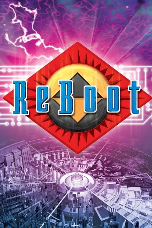The poster features a futuristic cityscape with glowing neon lights and lightning bolts, evoking a cyberpunk atmosphere. The word "ReBoot" is prominently displayed in bold, blue letters within a red diamond-shaped frame, symbolizing the reboot of the iconic game. The overall mood is one of excite...