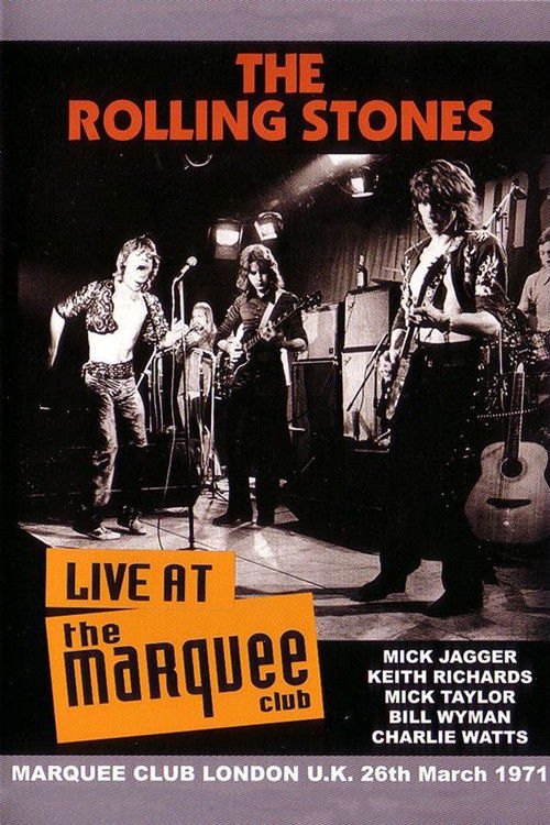 The poster features the iconic Rolling Stones in a moody, black-and-white scene with dramatic lighting. The vibrant orange "Marquee Club" label stands out against the dark background, evoking a sense of nightlife and excitement.