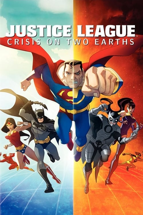 The poster features Superman and other heroes in dynamic poses against a split background of blue and orange. The mood is heroic and adventurous, capturing the essence of the Justice League's mission to save the world from cosmic threats.