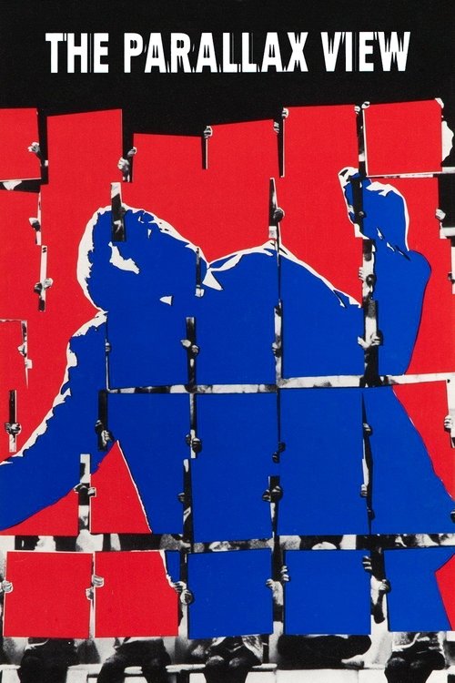 The Parallax View poster features silhouettes of two figures against a vibrant red background, evoking a sense of mystery and intrigue. The stark contrast between the blue figures and the red backdrop creates a visually striking composition that hints at a dramatic narrative.