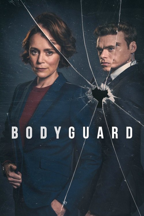The poster features a dramatic scene with a woman in a blue suit and a man in a suit, both looking serious. The background is dark, and the shattered glass effect adds to the intense mood. The title "BODYGUARD" is prominently displayed in white letters.