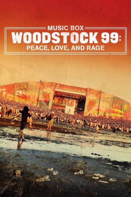 The poster captures the essence of Woodstock 99: a vibrant scene filled with people in a desert landscape, bathed in warm sunset hues. The mood is one of nostalgia and celebration, evoking the iconic festival's spirit of unity and artistic freedom.