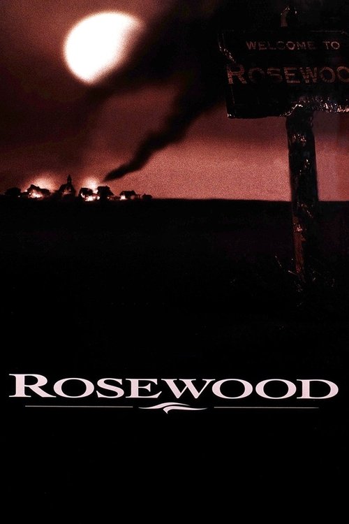 The poster features a silhouette of people against a dark, stormy sky with a glowing moon. A sign reads "Welcome to Rosewood," suggesting an exclusive or mysterious location. The overall mood is eerie and atmospheric, evoking a sense of isolation and suspense.