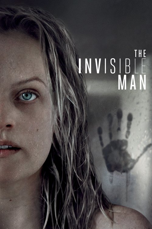 The poster features a close-up of a woman with wet, disheveled hair and pale skin, her eyes wide with an unsettling expression. The title "The Invisible Man" is prominently displayed in stark white text against a dark, ominous background. A faint, ghostly handprint appears behind her, adding to t...