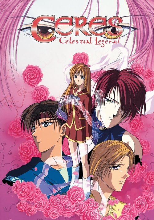 The poster features four anime-style characters against a vibrant pink background adorned with rose petals. The mood is romantic and mystical, with the title "Ceres: Celestial Legend" prominently displayed above the characters. The colors are soft pinks and purples, creating a dreamy atmosphere.