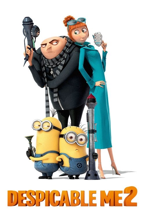 This vibrant poster features Gru, Minions, and two female characters in a cheerful, adventurous mood. The bright colors and dynamic poses convey excitement and fun, capturing the essence of the animated adventure.