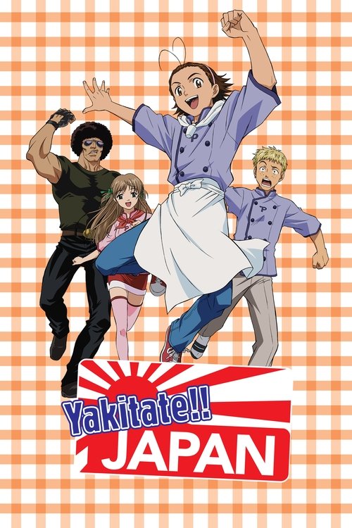 The poster features four energetic characters in a dynamic pose against a vibrant orange and white checkered background. The central figure, wearing a purple chef's outfit, exudes confidence with raised arms. Surrounding them are three other characters—two in black and one in red—adding to the li...