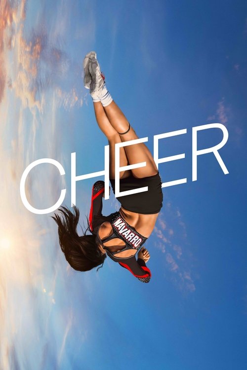 A cheerleader leaps into the sky, her dynamic pose and vibrant red and black attire against a brilliant blue backdrop. The bold white text "CHEER" dominates the frame, capturing the energetic spirit of the show.