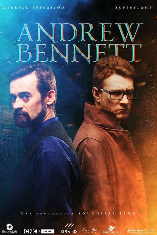The poster features two men in a dramatic, moody atmosphere. One man with a beard wears a dark blue shirt, while the other sports glasses and a brown jacket. The background blends deep blues and warm oranges, creating an intense and mysterious mood. The title "Andrew Bennett" is prominently displ...