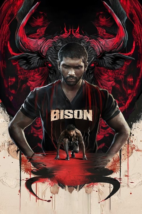 The poster features a muscular man with a fierce expression, wearing a black shirt emblazoned with "BISON" in bold gold letters. Behind him, large red horns with black detailing create a dramatic backdrop. Blood splatters and dripping effects add to the intense and gritty atmosphere. The overall ...