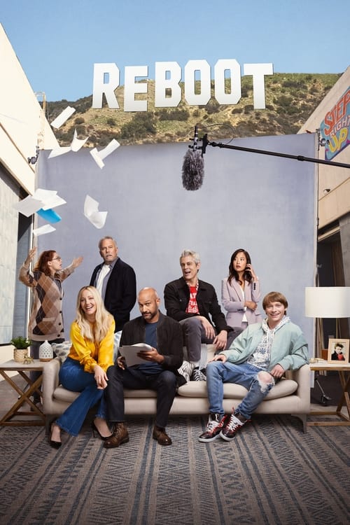 The poster features a group of diverse people sitting on a modern sofa against a backdrop of a bright, sunny outdoor setting. The vibrant colors of the scene contrast with the cool, monochromatic tones of the TV set, creating a visually striking composition. The mood is optimistic and welcoming, ...