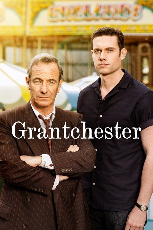 The poster features two men in a sunny Grantchester setting, exuding a relaxed yet professional vibe. The warm tones of the background and the casual attire of the characters create a friendly atmosphere. The title "Grantchester" is prominently displayed, anchoring the image with its distinctive ...