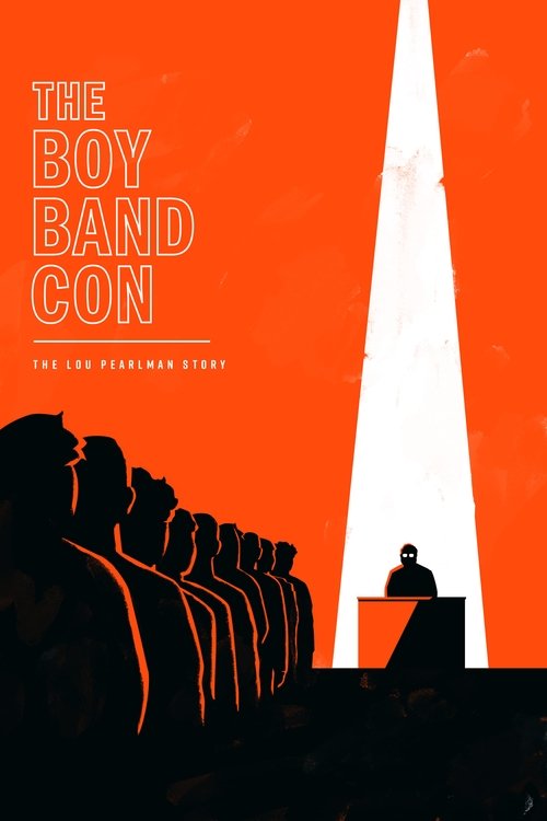 The poster features silhouettes of people in a row against a vibrant orange background, with a single spotlight illuminating a figure at a podium. The stark contrast between the dark figures and bright light creates a mysterious and dramatic mood.