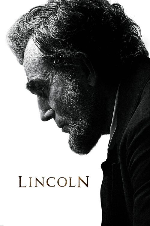 A dramatic black-and-white portrait of a man with a beard, his face in profile against a stark white background. The word "LINCOLN" is elegantly placed at the bottom. The mood is somber and reflective, evoking themes of history and personal struggle.