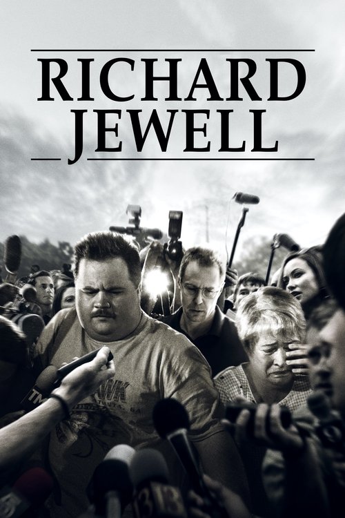 This black-and-white poster captures a chaotic scene with Richard Jewell at the center, surrounded by a crowd of people holding cameras and microphones. The mood is intense and dramatic, emphasizing the public's fascination with his controversial life and career.