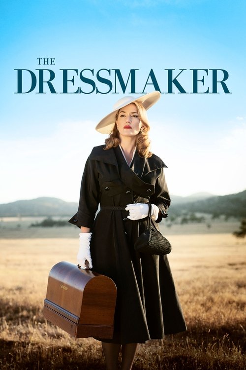 The poster features a woman in a vintage dressmaker's coat, holding a suitcase and a white cup, standing in a golden field under a clear blue sky. The warm earthy tones contrast with the bright sky, evoking a nostalgic, timeless atmosphere.
