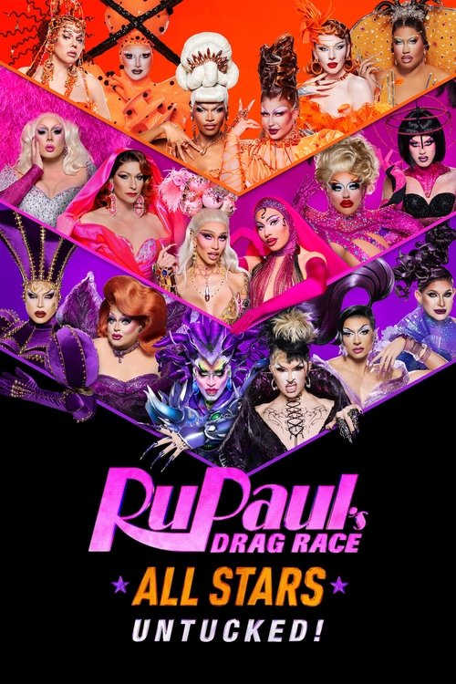 This vibrant poster showcases a dynamic lineup of drag queens in bold, colorful outfits against a striking background. The energetic mood is conveyed through the vivid pink, purple, and orange hues, creating a visually engaging and lively atmosphere. The title "RuPaul's Drag Race All Stars: UNTUC...