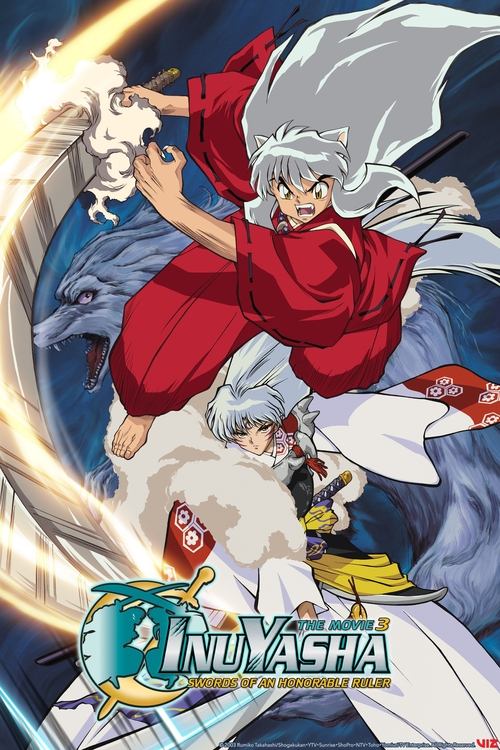 The poster features Inuyasha in a dynamic pose, wielding a sword with a determined expression. The red robe contrasts sharply with the blue background, creating a striking visual. The mood is intense and action-packed, capturing the essence of the original manga.