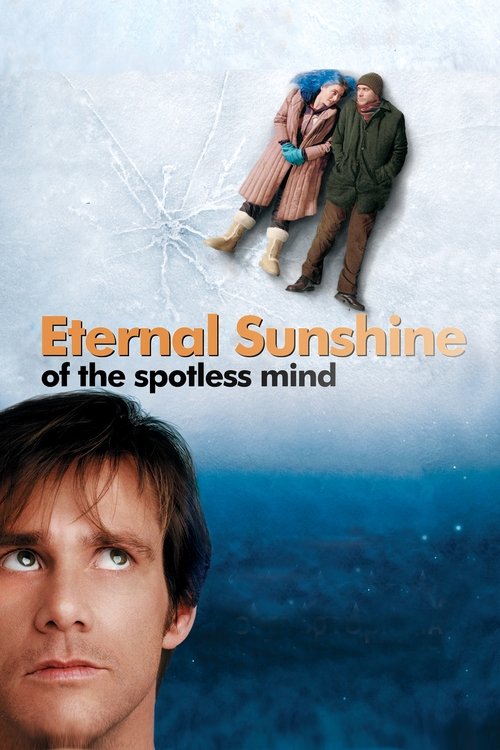 The poster features a man in the foreground with a contemplative expression, while two figures appear to be floating above him against a backdrop of swirling blues and whites. The title "Eternal Sunshine of the Spotless Mind" is prominently displayed in bold, golden letters. The overall mood is m...
