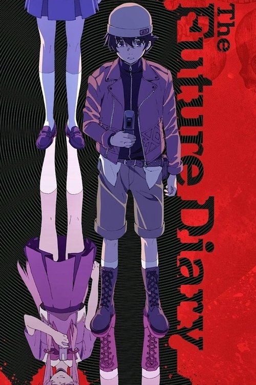 The poster features a young man in a purple jacket and helmet, standing confidently against a dark background. His reflection in the water below adds depth, while vibrant red and purple hues create a dramatic atmosphere. The title "The Future Diary" is prominently displayed, suggesting themes of ...