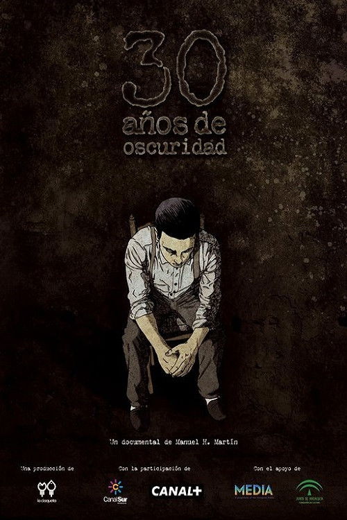 The poster features a somber, darkly moody scene with a man in a dark suit sitting alone on a bed, his head bowed in despair. The muted brown tones and shadowy background create a heavy, melancholic atmosphere. The title "30 Years of Darkness" is prominently displayed at the top, emphasizing the ...