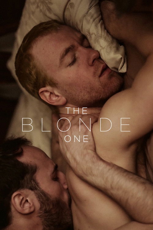 The poster features two shirtless men in a close, intimate embrace, with one sleeping while the other rests his head on his chest. The warm, golden lighting enhances the romantic and sensual mood, while the title "The Blonde One" is elegantly displayed in white text against the soft, creamy backg...