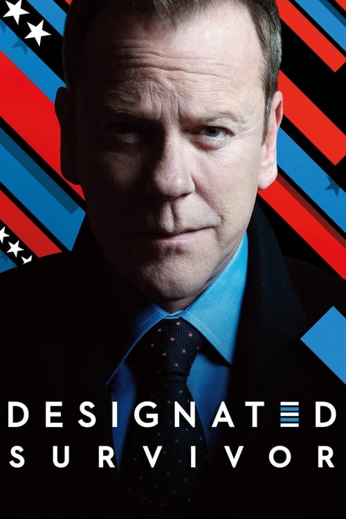 The poster features a serious man in a suit against a backdrop of American flag colors, creating a dramatic and patriotic atmosphere. The bold text "DESIGNED SURVIVOR" anchors the image, emphasizing the show's theme of personal growth and resilience.